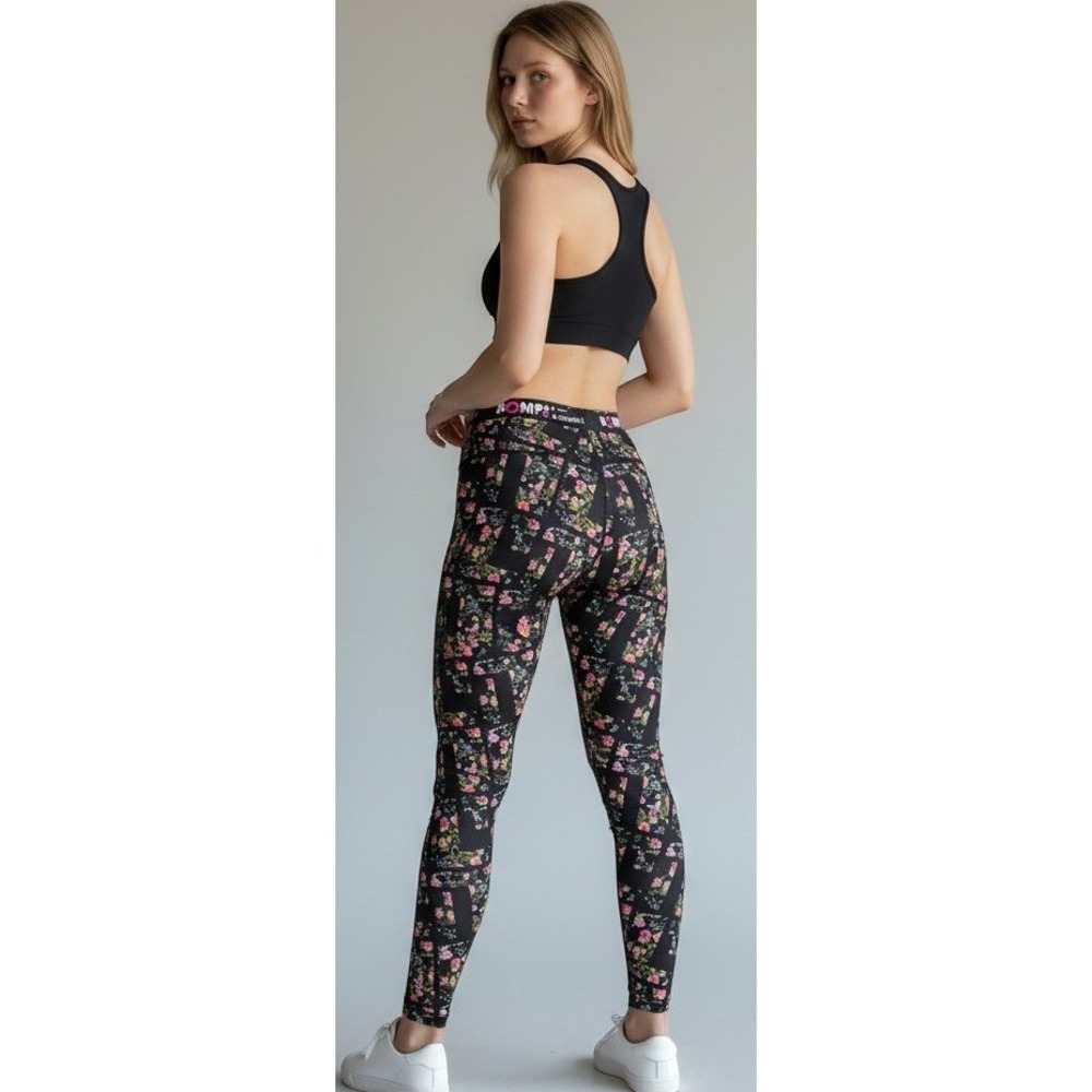 Bombsheller Womens M Floral Geometric Leggings Black Pink Rose Cottagecore Gym